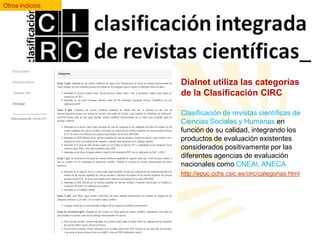 Otros indicios

Dialnet utiliza las categorías
de la Clasificación CIRC
Clasificación de revistas científicas de
Ciencias Sociales y Humanas en
función de su calidad, integrando los
productos de evaluación existentes
considerados positivamente por las
diferentes agencias de evaluación
nacionales como CNEAI, ANECA.
http://epuc.cchs.csic.es/circ/categorias.html

 