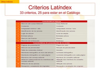 Otros indicios

Criterios Latindex
33 criterios, 25 para estar en el Catálogo

 