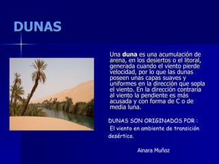 DUNAS Una  duna  es una acumulación de  arena , en los  desiertos  o el  litoral , generada cuando el viento pierde velocidad, por lo que las dunas poseen unas capas suaves y uniformes en la dirección que sopla el viento. En la dirección contraria al viento la pendiente es más acusada y con forma de C o de media luna. DUNAS SON ORIGINADOS POR : El viento en ambiente de transición desértico. Ainara Muñoz 