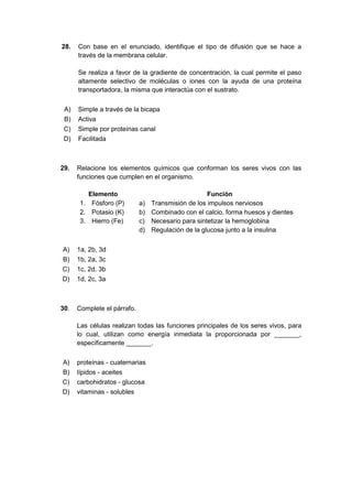 28. Con base en el enunciado, identifique el tipo de difusión que se hace a
través de la membrana celular.
Se realiza a favor de la gradiente de concentración, la cual permite el paso
altamente selectivo de moléculas o iones con la ayuda de una proteína
transportadora, la misma que interactúa con el sustrato.
A) Simple a través de la bicapa
B) Activa
C) Simple por proteínas canal
D) Facilitada
29. Relacione los elementos químicos que conforman los seres vivos con las
funciones que cumplen en el organismo.
Elemento Función
1. Fósforo (P) a) Transmisión de los impulsos nerviosos
2. Potasio (K) b) Combinado con el calcio, forma huesos y dientes
3. Hierro (Fe) c) Necesario para sintetizar la hemoglobina
d) Regulación de la glucosa junto a la insulina
A) 1a, 2b, 3d
B) 1b, 2a, 3c
C) 1c, 2d, 3b
D) 1d, 2c, 3a
30. Complete el párrafo.
Las células realizan todas las funciones principales de los seres vivos, para
lo cual, utilizan como energía inmediata la proporcionada por _______,
específicamente _______.
A) proteínas - cuaternarias
B) lípidos - aceites
C) carbohidratos - glucosa
D) vitaminas - solubles
 