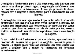 O oxigênio é  fundamental  para a vida no planeta, pois é através dele que os seres vivos produzem água, energia e gás carbônico através de processos como a fotossíntese. A energia proveniente dessas reações com o oxigênio é indispensável para a manutenção da vida no planeta.  O nitrogênio, embora seja muito importante, não é absorvido diretamente pela maioria dos seres vivos, inclusive o homem. No entanto, sua importância está no fato dele ser absorvido por certas bactérias que vivem no solo e na raiz de certas plantas, como a ervilha, se tornando um elemento importante para a manutenção dos ciclos biológicos.  O gás carbônico é fundamental para as plantas, que realizam o processo de fotossíntese e geram o oxigênio necessário para o homem. Já alguns gases raros são utilizados em casos específicos, como o argônio que é usado na fabricação de lâmpadas incandescentes.  Professora Silmara 