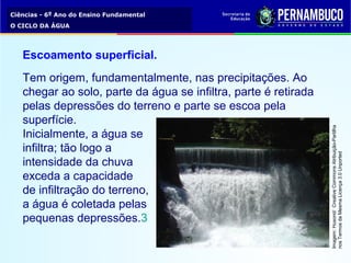 Ciências - 6º Ano do Ensino Fundamental
O CICLO DA ÁGUA
Escoamento superficial.
Tem origem, fundamentalmente, nas precipitações. Ao 
chegar ao solo, parte da água se infiltra, parte é retirada 
pelas depressões do terreno e parte se escoa pela 
superfície.
Inicialmente, a água se 
infiltra; tão logo a 
intensidade da chuva 
exceda a capacidade 
de infiltração do terreno, 
a água é coletada pelas 
pequenas depressões.3
Imagem: Husond/  Creative Commons Atribuição-Partilha 
nos Termos da Mesma Licença 3.0 Unported
 