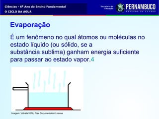 Ciências - 6º Ano do Ensino Fundamental
O CICLO DA ÁGUA
Evaporação
É um fenômeno no qual átomos ou moléculas no 
estado líquido (ou sólido, se a 
substância sublima) ganham energia suficiente 
para passar ao estado vapor.4
Imagem: Vidralta/ GNU Free Documentation License
 