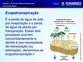 Ciências - 6º Ano do Ensino Fundamental
O CICLO DA ÁGUA
É a perda de água do solo 
por evaporação e a perda 
de água da planta por 
transpiração. Esses dois 
processos ocorrem 
concomitantemente e, 
devido à sua necessidade 
de mensuração (ou 
estimação), denominou-se 
evapotranspiração.6
Evapotranspiração
Imagem: Mwtoews/ GNU Free Documentation License
evapotranspiração =
transpiração + evaporação
transpiração
evaporação
árvores gramas
recarga de
águas
subterrâneas
escoamento
 