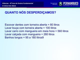 Ciências - 6º Ano do Ensino Fundamental
O CICLO DA ÁGUA
QUANTO NÓS DESPERDIÇAMOS?
Escovar dentes com torneira aberta = 80 litros
Lavar louça com torneira aberta = 100 litros
Lavar carro com mangueira em meia hora = 560 litros
Lavar calçada com mangueira = 280 litros
Banhos longos = 95 a 180 litros9
 