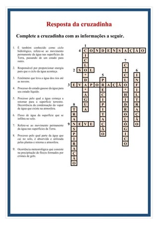 Resposta da cruzadinha
Complete a cruzadinha com as informações a seguir.
1. É também conhecido como ciclo
hidrológico, refere-se ao movimento
permanente da água nas superfícies da
Terra, passando de um estado para
outro.
2. Responsável por proporcionar energia
para que o ciclo da água aconteça.
3. Fenômeno que leva a água dos rios até
as nuvens.
4. Processo do estado gasoso da água para
seu estado líquido.
5. Processo pelo qual a água começa a
retornar para a superfície terrestre.
Decorrência da condensação do vapor
de água que existe na atmosfera.
6. Fluxo de água da superfície que se
infiltra no solo.
7. Refere-se ao movimento permanente
da água nas superfícies da Terra.
8. Processo pelo qual parte da água que
cai no solo, é absorvida e utilizada
pelas plantas e retorna a atmosfera.
9. Ocorrência meteorológica que consiste
na precipitação de flocos formados por
cristais de gelo.
1
4 C O N D E N S A Ç Ã O
I
C 7
L C
2 S O L I 6
* 5 C I
D P L N
3 E V A P O R A Ç Ã O F
* E * I
Á C H L
G I I T
8 U P D R
T A I R A
R T O Ç
A A L Ã
9 N E V E Ç Ó O
S Ã G
P O I
I C
R O
A
Ç
Ã
O
 