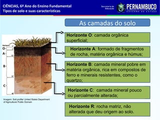 Horizonte A: formado de fragmentos
de rocha, matéria orgânica e húmus;
Horizonte B: camada mineral pobre em
matéria orgânica, rica em compostos de
ferro e minerais resistentes, como o
quartzo;
Horizonte C: camada mineral pouco
ou parcialmente alterada;
Horizonte R: rocha matriz, não
alterada que deu origem ao solo.
Horizonte O: camada orgânica
superficial;
Imagem: Soil profile/ United States Department
of Agriculture/ Public Domain
As camadas do solo
CIÊNCIAS, 6º Ano do Ensino Fundamental
Tipos de solo e suas características
 
