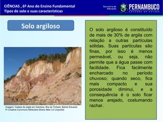 Solo argiloso O solo argiloso é constituído
de mais de 30% de argila com
relação a outras partículas
sólidas. Suas partículas são
finas, por isso é menos
permeável, ou seja, não
permite que a água passe com
facilidade. Fica facilmente
encharcado no período
chuvoso; quando seco, fica
mais compacto e sua
porosidade diminui, e a
consequência é o solo ficar
menos arejado, costumando
rachar.
CIÊNCIAS , 6º Ano do Ensino Fundamental
Tipos de solo e suas características
Imagem: Cadeia de argila em Gamboa, Ilha de Tinharé, Bahia/ Eduardo
P/ Creative Commons Attribution-Share Alike 3.0 Unported
 