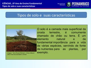 Tipos de solo e suas características
O solo é a camada mais superficial da
crosta terrestre, é comumente
chamado de chão ou terra. É um
elemento natural e de
fundamental importância para a vida
de várias espécies, servindo de fonte
de nutrientes para as plantas, por
exemplo.
CIÊNCIAS , 6º Ano do Ensino Fundamental
Tipos de solo e suas características
Imagem: Terra Rossa/ Michael J. Zirbes (Mijozi)/
GNU Free Documentation License
 