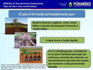 Matéria mineral e orgânica como: raízes,
folhas e animais decompostos formando a
fração sólida.
A água forma a fração líquida.
O solo é formado principalmente por:
O ar é a fração gasosa, a entrada do
ar no solo é facilitada pela ação das
minhocas, tamanho dos minerais, ou
mecanicamente pela ação dos arados
que revolvem o solo promovendo
aeração.
CIÊNCIAS, 6º Ano do Ensino Fundamental
Tipos de solo e suas características
Imagem: (a) Terra Rossa/ Michael J. Zirbes (Mijozi)/ GNU Free Documentation
License; (b) Porto Grande (Córrego)/ Natus63/ Creative Commons Attribution-
Share Alike 3.0 Unported; (c) Arado vertedera/ Sqater/ The use of this image is
free for any purpose
(a)
(b)
(c)
 