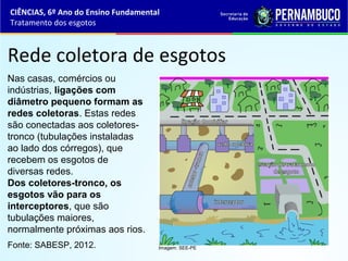 Rede coletora de esgotos
Fonte: SABESP, 2012.
Nas casas, comércios ou
indústrias, ligações com
diâmetro pequeno formam as
redes coletoras. Estas redes
são conectadas aos coletores-
tronco (tubulações instaladas
ao lado dos córregos), que
recebem os esgotos de
diversas redes.
Dos coletores-tronco, os
esgotos vão para os
interceptores, que são
tubulações maiores,
normalmente próximas aos rios.
CIÊNCIAS, 6º Ano do Ensino Fundamental
Tratamento dos esgotos
Imagem: SEE-PE
 