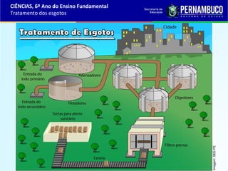 Imagem:SEE-PE
CIÊNCIAS, 6º Ano do Ensino Fundamental
Tratamento dos esgotos
 