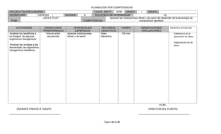 PLANEACIÓN POR COMPETENCIAS
ESCUELA TELESECUNDARIA:                                               CLAVE: 30DTV    003N      GRADO:         1      GRUPO:
ASIGNATURA:       CIENCIAS I                     BLOQUE         4     SECUENCIA DE APRENDIZAJE                                      32
                      ¿GEN-ÉTICA?                                                Apreciar las implicaciones éticas y de salud del desarrollo de la tecnología de
 TEMA:                                                         COMPETENCIAS:                                 manipulación genética

      ACTIVIDADES               ASIGNATURAS            APRENDIZAJES             RECURSOS           TIEMPO         OBSERVACIONES            ASPECTOS A EVALUAR
                               TRANSVERSALES             ESPERADOS             DIDACTICOS                         ADECUACIONES
-Analizar los beneficios y       Vinculo entre   Apreciar implicaciones       Video                100 min.                                    Coherencia en la
los riesgos de algunos            secuencias     éticas y de salud.           Interactivo.                                                     aportación de ideas.
organismos transgénicos
                                                                                                                                               Organización de las
-Analizar las ventajas y las                                                                                                                   ideas.
desventajas de organismos
transgénicos hipotéticos




                                                                                                                                  Vo.Bo.
       DOCENTE FRENTE A GRUPO                                                                                           DIRECTOR DEL PLANTEL
______________________________________                                                                          ______________________________________


                                                                                 Página 35 de 39
 