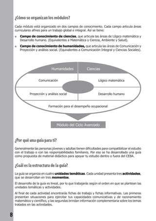 8 
¿Cómo se organizan los módulos? 
Cada módulo está organizado en dos campos de conocimiento. Cada campo articula áreas 
curriculares afines para un trabajo global e integral. Así se tiene: 
■ Campo de conocimiento de ciencias, que articula las áreas de Lógico matemática y 
Desarrollo humano. (Equivalentes a Matemática y Ciencia, Ambiente y Salud). 
■ Campo de conocimiento de humanidades, que articula las áreas de Comunicación y 
Proyección y análisis social. (Equivalentes a Comunicación Integral y Ciencias Sociales). 
Humanidades Ciencias 
Comunicación 
Proyección y análisis social 
Lógico matemática 
Desarrollo humano 
Formación para el desempeño ocupacional 
Módulo del Ciclo Avanzado 
¿Por qué una guía para ti? 
Generalmente las personas jóvenes y adultas tienen dificultades para compatibilizar el estudio 
con el trabajo o con las responsabilidades familiares. Por eso se ha desarrollado una guía 
como propuesta de material didáctico para apoyar tu estudio dentro o fuera del CEBA. 
¿Cuál es la estructura de la guía? 
La guía se organiza en cuatro unidades temáticas. Cada unidad presenta tres actividades, 
que se desarrollan en tres momentos. 
El desarrollo de la guía es lineal, por lo que trabajarás según el orden en que se plantean las 
unidades temáticas y actividades. 
Al final de cada actividad encontrarás fichas de trabajo y fichas informativas. Las primeras 
presentan situaciones para ejercitar tus capacidades comunicativas y de razonamiento 
matemático y científico, y las segundas brindan información complementaria sobre los temas 
tratados en las actividades. 
 
