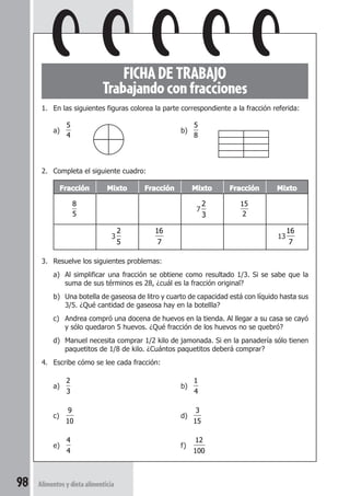 98 Alimentos y dieta alimenticia 
FICHA DE TRABAJO 
Trabajando con fracciones 
1. En las siguientes figuras colorea la parte correspondiente a la fracción referida: 
a) 
5 
4 
b) 
5 
8 
2. Completa el siguiente cuadro: 
Fracción Mixto Fracción Mixto Fracción Mixto 
8 
5 
7 
2 
3 
15 
2 
3 
2 
5 
16 
7 
13 
16 
7 
3. Resuelve los siguientes problemas: 
a) Al simplificar una fracción se obtiene como resultado 1/3. Si se sabe que la 
suma de sus términos es 28, ¿cuál es la fracción original? 
b) Una botella de gaseosa de litro y cuarto de capacidad está con líquido hasta sus 
3/5. ¿Qué cantidad de gaseosa hay en la botellla? 
c) Andrea compró una docena de huevos en la tienda. Al llegar a su casa se cayó 
y sólo quedaron 5 huevos. ¿Qué fracción de los huevos no se quebró? 
d) Manuel necesita comprar 1/2 kilo de jamonada. Si en la panadería sólo tienen 
paquetitos de 1/8 de kilo. ¿Cuántos paquetitos deberá comprar? 
4. Escribe cómo se lee cada fracción: 
a) 
2 
3 
b) 
1 
4 
c) 
9 
10 
d) 
3 
15 
e) 
4 
4 
f) 
12 
100 
 