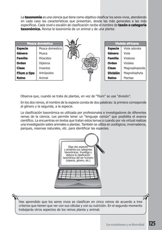 La taxonomía es una ciencia que tiene como objetivo clasificar los seres vivos, atendiendo 
en cada caso las características que presentan, desde las más generales a las más 
específicas. Cada nivel o escalón de clasificación recibe el nombre de taxón o categoría 
taxonómica. Revisa la taxonomía de un animal y de una planta: 
Violeta africana 
Especie Viola odorata 
Género Viola 
Familia Violacea 
Orden Violales 
Clase Magnopliopsoda 
División Magnoliophyta 
Reino Plantae 
Los ecosistemas y su diversidad 125 
Mosca doméstica 
Especie Musca domestica 
Género Musca 
Familia Múscidos 
Orden Dípteros 
Clase Insectos 
Filum o tipo Artrópodos 
Reino Animal 
Observa que, cuando se trata de plantas, en vez de “filum” se usa “división”. 
En los dos reinos, el nombre de la especie consta de dos palabras: la primera corresponde 
al género y la segunda, a la especie. 
La clasificación taxonómica es utilizada por profesionales e investigadores de diferentes 
ramas de la ciencia. Les permite tener un “lenguaje común” que posibilita el avance 
científico. La encuentras en textos que tratan estos temas o cuando por vía virtual realizas 
una investigación sobre animales o plantas. También se utiliza en zoológicos, invernaderos, 
parques, reservas naturales, etc. para identificar las especies. 
Elige dos especies 
y presenta sus categorías 
taxonómicas. Investiga y 
elabora la clasificación 
taxonómica del ser humano 
(especie, género, etc.) 
Has aprendido que los seres vivos se clasifican en cinco reinos de acuerdo a tres 
criterios que tienen que ver con sus células y con su nutrición. En el segundo momento 
trabajarás otros aspectos de los reinos planta y animal. 
 