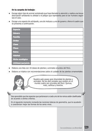 Nuestro país posee gran diversidad de plantas y 
animales. De los diez cereales que existen en el 
mundo cuatro son oriundos del Perú: Quinua, 
maíz, cañihua y kiwicha. 
Has aprendido que las especies que pertenecen a cada uno de los reinos están clasificadas 
de acuerdo a ciertos criterios. 
En el siguiente momento revisarás las nociones básicas de geometría, que te ayudarán 
a caracterizar mejor las formas de los seres vivos. 
Los ecosistemas y su diversidad 129 
En tu carpeta de trabajo: 
◆ Escoge algún tipo de animal vertebrado que haya llamado tu atención y realiza una breve 
descripción señalando la utilidad o el peligro que representa para el ser humano según 
sea el caso. 
◆ Escoge una especie de artrópodo, una de molusco y una de gusano y llena el cuadro que 
se presenta a continuación. 
Especie 
Género 
Familia 
Orden 
Clase 
Filum 
Reino 
Hábitat 
Nicho ecológico 
Utilidad/perjuicio 
◆ Elabora una lista con 10 clases de plantas y animales oriundos del Perú. 
◆ Elabora un tríptico con recomendaciones sobre el cuidado de las plantas ornamentales 
 