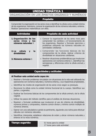 13 
UNIDAD TEMÁTICA 1 
ORGANIZACIÓN EN LOS ÁMBITOS ORGÁNICO Y NUMÉRICO 
Propósito 
Comprender la organización en los seres vivos e identificar la célula como unidad mínima 
de los organismos. Asimismo, conocer la organización de los números naturales y enteros. 
Realizar operaciones matemáticas con ellos. 
Actividades Propósito de cada actividad 
● Conocer la organización de los seres vivos para 
comprender los cambios y el funcionamiento de 
los organismos. Resolver y formular ejercicios y 
problemas utilizando los números naturales en 
actividades cotidianas. 
● Comprender las funciones básicas de los 
componentes de la célula. Aplicar criterios de 
divisibilidad en situaciones cotidianas. 
● Resolver situaciones problemáticas que involucran 
operaciones con números enteros Z. Identificar las 
semejanzas y diferencias entre la célula animal y 
vegetal. 
1. Organización de los 
seres vivos y los 
números naturales N 
2. La célula y la 
divisibilidad 
3. Números enteros Z 
Capacidades y actitudes 
Al finalizar esta unidad serás capaz de: 
● Resolver y formular problemas vinculados con situaciones de la vida real utilizando las 
operaciones con números naturales y números enteros, y sus respectivas propiedades. 
● Identificar los niveles de organización de los seres vivos según su jerarquía. 
● Reconocer la célula como la unidad mínima funcional de tu cuerpo. Identificar sus 
partes y organelos. 
● Explicar las funciones básicas de los componentes de la célula animal y de la célula 
vegetal. 
● Utilizar los pasos del método científico para el análisis de diversas situaciones. 
● Resolver y formular problemas que involucren el uso de criterios de divisibilidad, 
números primos y compuestos, máximo común divisor y mínimo común múltiplo de 
números enteros. 
● Operar con una calculadora cuando es pertinente, siguiendo una rutina para efectuar 
cálculos con números naturales. 
● Identificar, interpretar, establecer relaciones de orden y ubicar números naturales y 
enteros en la recta númérica. 
Tiempo sugerido: 51 horas para la unidad 
17 horas para cada actividad 
 