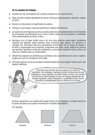 Una forma de conocer las ecorregiones es medir su 
extensión. Sin embargo, cuando se tienen terrenos de formas 
irregulares y muy extensos, es difícil medir su área. Una manera 
de hacerlo es descomponer la zona en figuras poligonales de 
formas regulares, como triángulos o cuadriláteros que tienen 
fórmulas ya establecidas para el cálculo de sus áreas. 
Los ecosistemas y su diversidad 151 
En tu carpeta de trabajo: 
◆ Localiza las tres ecorregiones de nuestra amazonía en el mapa del Perú. 
◆ Pega recortes o dibuja ejemplares de fauna y flora que haya llamado tu atención. Explica 
la razón. 
◆ Busca en el diccionario el significado de sabana. 
◆ Averigua a qué parque nacional pertenece la sabana de Palmeras. 
◆ ¿A cuál de las ecorregiones que has conocido pertenece la localidad donde vives? Describe 
las principales características de su clima e indica cuáles son las especies o variedades 
más representativas de fauna y flora. 
◆ Averigua si en el lugar donde vives o en una zona próxima existe algún ecosistema 
especial, por ejemplo: algún pantano, loma, humedal, lago, laguna, río, desierto, un 
manglar, etc. Promueve entre tus compañeros la formación de un grupo de estudio y 
turismo y, organizados con tu docente, programen una visita. Luego, elabora un informe 
que permita: identificar el tipo de ecosistema y su principal riqueza en fauna y flora. Así 
como las medidas para su conservación. 
◆ Señala tres especies de animales que consideres más importantes de tu zona o región y 
explica por qué los consideras como tales. 
◆ ¿Conoces alguna norma que proteja la biodiversidad de tu ecorregión? Indica cuál y qué 
aspecto defiende. 
El área o superficie es la medida de la región interior de un polígono. La región interior es 
la parte del plano que queda encerrada por los lados del polígono. 
Por ejemplo: 
Triángulo Cuadrado Trapecio 
 