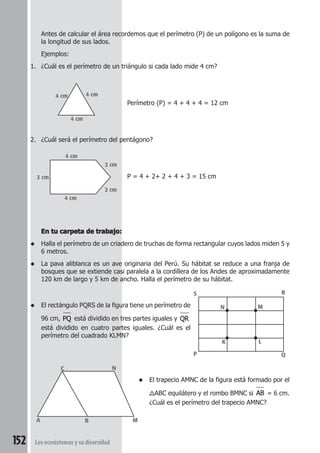 Antes de calcular el área recordemos que el perímetro (P) de un polígono es la suma de 
la longitud de sus lados. 
Ejemplos: 
1. ¿Cuál es el perímetro de un triángulo si cada lado mide 4 cm? 
2 cm 
C N 
152 Los ecosistemas y su diversidad 
Perímetro (P) = 4 + 4 + 4 = 12 cm 
2. ¿Cuál será el perímetro del pentágono? 
P = 4 + 2+ 2 + 4 + 3 = 15 cm 
En tu carpeta de trabajo: 
◆ Halla el perímetro de un criadero de truchas de forma rectangular cuyos lados miden 5 y 
6 metros. 
◆ La pava aliblanca es un ave originaria del Perú. Su hábitat se reduce a una franja de 
bosques que se extiende casi paralela a la cordillera de los Andes de aproximadamente 
120 km de largo y 5 km de ancho. Halla el perímetro de su hábitat. 
◆ El rectángulo PQRS de la figura tiene un perímetro de 
96 cm, PQ está dividido en tres partes iguales y QR 
está dividido en cuatro partes iguales. ¿Cuál es el 
perímetro del cuadrado KLMN? 
S R 
◆ El trapecio AMNC de la figura está formado por el 
ABC equilátero y el rombo BMNC si AB = 6 cm. 
¿Cuál es el perímetro del trapecio AMNC? 
4 cm 4 cm 
4 cm 
4 cm 
4 cm 
2 cm 
3 cm 
P 
Q 
N M 
K L 
A B 
M 
 