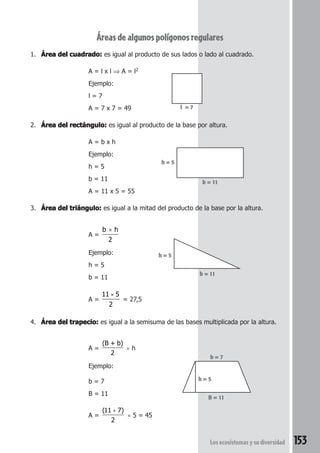 Áreas de algunos polígonos regulares 
1. Área del cuadrado: es igual al producto de sus lados o lado al cuadrado. 
b = 7 
Los ecosistemas y su diversidad 153 
A = l x l ⇒ A = l2 
Ejemplo: 
l = 7 
A = 7 x 7 = 49 
2. Área del rectángulo: es igual al producto de la base por altura. 
A = b x h 
Ejemplo: 
h = 5 
b = 11 
A = 11 x 5 = 55 
3. Área del triángulo: es igual a la mitad del producto de la base por la altura. 
A = 
b × h 
2 
Ejemplo: 
h = 5 
b = 11 
A = 
× 
11 5 
2 
= 27,5 
4. Área del trapecio: es igual a la semisuma de las bases multiplicada por la altura. 
A = 
(B + b) 
2 
× h 
Ejemplo: 
b = 7 
B = 11 
A = 
+ 
(11 7) 
2 
× 5 = 45 
l = 7 
h = 5 
b = 11 
h = 5 
b = 11 
h = 5 
B = 11 
 