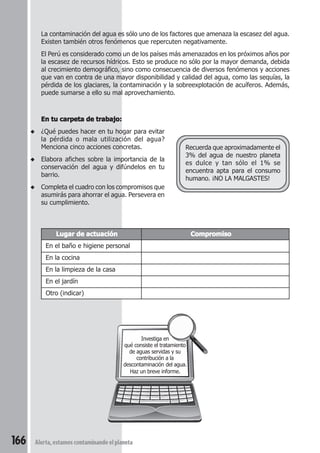 La contaminación del agua es sólo uno de los factores que amenaza la escasez del agua. 
Existen también otros fenómenos que repercuten negativamente. 
El Perú es considerado como un de los países más amenazados en los próximos años por 
la escasez de recursos hídricos. Esto se produce no sólo por la mayor demanda, debida 
al crecimiento demográfico, sino como consecuencia de diversos fenómenos y acciones 
que van en contra de una mayor disponibilidad y calidad del agua, como las sequías, la 
pérdida de los glaciares, la contaminación y la sobreexplotación de acuíferos. Además, 
puede sumarse a ello su mal aprovechamiento. 
En tu carpeta de trabajo: 
◆ ¿Qué puedes hacer en tu hogar para evitar 
la pérdida o mala utilización del agua? 
Menciona cinco acciones concretas. 
◆ Elabora afiches sobre la importancia de la 
conservación del agua y difúndelos en tu 
barrio. 
◆ Completa el cuadro con los compromisos que 
asumirás para ahorrar el agua. Persevera en 
su cumplimiento. 
166 Alerta, estamos contaminando el planeta 
Recuerda que aproximadamente el 
3% del agua de nuestro planeta 
es dulce y tan sólo el 1% se 
encuentra apta para el consumo 
humano. ¡NO LA MALGASTES! 
Lugar de actuación Compromiso 
En el baño e higiene personal 
En la cocina 
En la limpieza de la casa 
En el jardín 
Otro (indicar) 
Investiga en 
qué consiste el tratamiento 
de aguas servidas y su 
contribución a la 
descontaminación del agua. 
Haz un breve informe. 
 