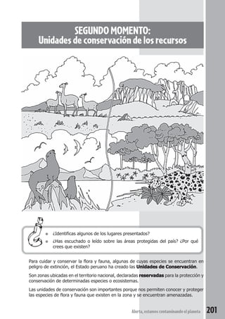 SEGUNDO MOMENTO: 
Unidades de conservación de los recursos 
● ¿Identificas algunos de los lugares presentados? 
● ¿Has escuchado o leído sobre las áreas protegidas del país? ¿Por qué 
Alerta, estamos contaminando el planeta 201 
crees que existen? 
Para cuidar y conservar la flora y fauna, algunas de cuyas especies se encuentran en 
peligro de extinción, el Estado peruano ha creado las Unidades de Conservación. 
Son zonas ubicadas en el territorio nacional, declaradas reservadas para la protección y 
conservación de determinadas especies o ecosistemas. 
Las unidades de conservación son importantes porque nos permiten conocer y proteger 
las especies de flora y fauna que existen en la zona y se encuentran amenazadas. 
 