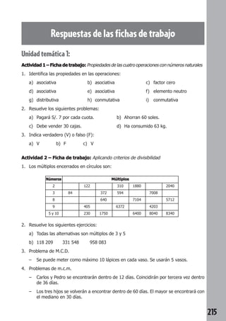 215 
Respuestas de las fichas de trabajo 
Unidad temática 1: 
Actividad 1 –––– Ficha de trabajo: Propiedades de las cuatro operaciones con números naturales 
1. Identifica las propiedades en las operaciones: 
a) asociativa b) asociativa c) factor cero 
d) asociativa e) asociativa f) elemento neutro 
g) distributiva h) conmutativa i) conmutativa 
2. Resuelve los siguientes problemas: 
a) Pagará S/. 7 por cada cuota. b) Ahorran 60 soles. 
c) Debe vender 30 cajas. d) Ha consumido 63 kg. 
3. Indica verdadero (V) o falso (F): 
a) V b) F c) V 
Actividad 2 –––– Ficha de trabajo: Aplicando criterios de divisibilidad 
1. Los múltiplos encerrados en círculos son: 
Números Múltiplos 
2 122 310 1880 2040 
3 84 372 594 7008 
8 640 7104 5712 
9 405 6372 4203 
5 y 10 230 1750 6400 8040 8340 
2. Resuelve los siguientes ejercicios: 
a) Todas las alternativas son múltiplos de 3 y 5 
b) 118 209 331 548 958 083 
3. Problema de M.C.D. 
– Se puede meter como máximo 10 lápices en cada vaso. Se usarán 5 vasos. 
4. Problemas de m.c.m. 
– Carlos y Pedro se encontrarán dentro de 12 días. Coincidirán por tercera vez dentro 
de 36 días. 
– Los tres hijos se volverán a encontrar dentro de 60 días. El mayor se encontrará con 
el mediano en 30 días. 
 