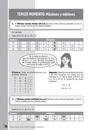 TERCER MOMENTO: Máximos y mínimos 
1. El Máximo común divisor (M.C.D.) de dos o más números naturales (N) es el 
mayor divisor común de los números dados. 
Por ejemplo: 
● Halla el M.C.D. de 12, 24 y 30 
Número Divisores 
12 1 ; 2 ; 3 ; 4 ; 6 ; 12 
24 1 ; 2 ; 3 ; 4 ; 6 ; 12 ; 24 
30 1 ; 2 ; 3 ; 5 ; 6 ; 10 ; 15 ; 30 
En la tabla se observa 
que los divisores comunes de 12, 24 y 
30 son 1, 2, 3 y 6. De ellos, el número 6 
es el mayor divisor. A continuación verás 
otra forma de hallar el M.C.D. 
2. El Mínimo común múltiplo (m.c.m.) de dos o más números naturales (N) es el 
menor múltiplo de los números dados. 
Halla el m.c.m. de 12 y 18 
Número Múltiplos 
12 12 ; 24 ; 36 ; 48 ; 60 ; 72 ; … 
18 18 ; 36 ; 54 ; 72 ; 90 ; 108 ; … 
36 Organización en los ámbitos orgánico y numérico 
Segundo, identifica los divisores comunes 
a los tres números, los cuales son los 
números 2 y 3. Por lo tanto el M.C.D. de 
12, 24 y 30 es el producto de estos 
números: 
2 x 3 = 6 
M.C.D. = 6 
Primero, halla simultáneamente los 
divisores. Observa: 
12 - 24 - 30 2 
6 - 12 - 15 2 
3 - 6 - 15 3 
1 - 2 - 5 2 
1 - 1 - 5 5 
1 - 1 - 1 
 