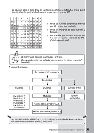 La siguiente tabla se llama Criba de Eratóstenes, en honor al matemático griego que la 
inventó. Con ella puedes hallar los números primos menores que 100. 
● Ubica los números compuestos menores 
que 10 y enciérralos en círculo. 
● Ubica los múltiplos de esos números y 
táchalos. 
● Los números que no hayas marcado son 
los números primos menores de 100. 
¿Cuántos encontraste? 
1 2 3 4 5 6 7 8 9 10 
11 12 13 14 15 16 17 18 19 20 
21 22 23 24 25 26 27 28 29 30 
31 32 33 34 35 36 37 38 39 40 
41 42 43 44 45 46 47 48 49 50 
51 52 53 54 55 56 57 58 59 60 
61 62 63 64 65 66 67 68 69 70 
71 72 73 74 75 76 77 78 79 80 
81 82 83 84 85 86 87 88 89 90 
91 92 93 94 95 96 97 98 99 100 
● ¿El número uno es primo o compuesto? ¿Por qué? 
● ¿Que procedimiento has realizado para encontrar los números primos? 
Divisores Números primos 
Has aprendido a hallar el M.C.D. y el m.c.m. utilizando el método abreviado. Asimismo, 
has identificado los números primos y compuestos. 
Organización en los ámbitos orgánico y numérico 39 
Descríbelo. 
A manera de resumen: 
Propiedades de los números 
Divisibilidad 
Divisores 
Múltiplos 
Máximo común divisor (M.C.D.) 
Mínimo común múltiplo (m.c.m.) 
Divisibilidad 2 
Divisibilidad 3 
Divisibilidad 5 
Divisibilidad 7 
Divisibilidad 9 
Divisibilidad 11 
Números 
compuestos 
 