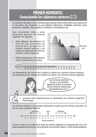 PRIMER MOMENTO: 
Conociendo los números enteros (Z) 
Los números naturales no son suficientes para expresar toda la información que recibimos en 
la vida diaria. Hay situaciones en que debemos diferenciar cantidades contrarias, como 
ganancias y pérdidas, años pasados y venideros, la temperatura, etc. 
Para representar estas y otras 
situaciones aparecen los números 
negativos. Por ejemplo: 
8 
7 
6 
5 
4 
3 
2 
1 
0 
–1 
–2 
–3 
–4 
–5 
–6 
–7 
–8 
–20 –18 –16 –14 –12 –10 –8 –6 –4 –2 0 2 4 6 8 10 12 14 16 18 
Nivel del 
mar 
● ¿Conoces otras situaciones que se representan con números negativos? 
Menciónalas. 
Los números enteros (Z) se pueden representar al igual que los números naturales (N) 
en una recta numérica. Observa: 
negativos cero 
44 Organización en los ámbitos orgánico y numérico 
Los números positivos, 
el cero y los números 
negativos forman el conjunto 
de los números enteros que 
representaremos con Z. 
–8 –7 –6 –5 –4 –3 –2 –1 0 1 2 3 4 5 6 7 8 
Recta numérica 
positivos 
● Medir altitudes. Se considera 0 el 
nivel del mar. Los niveles por 
encima del 0 se expresan en 
números enteros positivos y los 
niveles por debajo del nivel del mar, 
números enteros negativos. 
● Medir temperaturas. El termómetro 
mide la temperatura en grados. 
Las temperaturas por encima de 0 grados se indican con números enteros positivos. 
Las temperaturas por debajo de 0 grados se indican con números enteros negativos. 
El cero se ubica en la mitad de la recta, los enteros negativos a la izquierda del cero y los 
enteros positivos a la derecha. Generalmente no se escribe el signo + en los enteros positivos. 
 