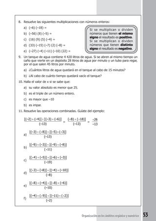 8. Resuelve las siguientes multiplicaciones con números enteros: 
+8 + +18 
Organización en los ámbitos orgánico y numérico 53 
a) (–6) (–18) = 
b) (–56) (8) (–5) = 
c) (16) (9) (5) (–4) = 
d) (33) (–15) (–7) (2) (–8) = 
e) (–27) (–4) (–11) (–10) (22) = 
9. Un tanque de agua contiene 4 420 litros de agua. Si se abren al mismo tiempo un 
caño que vierte en un depósito 28 litros de agua por minuto y un tubo para regar, 
por el que salen 45 litros por minuto. 
a) ¿Cuántos litros de agua quedará en el tanque al cabo de 15 minutos? 
b) ¿Al cabo de cuánto tiempo quedará vacío el tanque? 
10. Halla el valor de x si se sabe que: 
a) su valor absoluto es menor que 25. 
b) es el triple de un número entero. 
c) es mayor que –10 
b) es impar. 
11. Resuelve las operaciones combinadas. Guíate del ejemplo: 
× + × 
[(– 2 ) (– 4 )] [(– 3 ) (– 6 
)] 
(– 13 
) 
= 
( ) ( )] 
(– 13 
) 
= 
+26 
–13 
a) 
+ + + × + 
[(– 3 ) ( 8 )] [(– 5 ) ( 3 
)] 
(– 13 
) 
b) 
× + × 
[(– 9 ) (– 3 )] [(– 9 ) (– 8 
)] 
+ 
( 11 
) 
c) 
+4 + 5 + 6 × 3 
[( ) (– )] [(– ) (– )] 
(– 19 
) 
d) 
+3 × 8 + 4 × 10 
[( ) (– )] [(– ) (– )] 
(– 8 
) 
e) 
+8 × 4 + +8 × 6 
[( ) (– )] [( ) (– )] 
(– 10 
) 
f) 
× + + × + 
[(– 4 ) ( 9 )] [(– 11 ) ( 2 
)] 
(– 2 
) 
Si se multiplican o dividen 
números que tienen el mismo 
signo el resultado es positivo. 
Si se multiplican o dividen 
números que tienen distinto 
signo el resultado es negativo. 
 