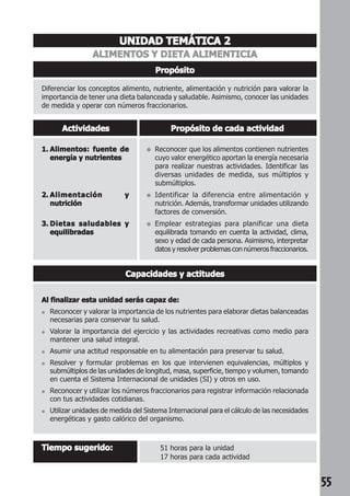 55 
UNIDAD TEMÁTICA 2 
ALIMENTOS Y DIETA ALIMENTICIA 
Propósito 
Diferenciar los conceptos alimento, nutriente, alimentación y nutrición para valorar la 
importancia de tener una dieta balanceada y saludable. Asimismo, conocer las unidades 
de medida y operar con números fraccionarios. 
Actividades Propósito de cada actividad 
● Reconocer que los alimentos contienen nutrientes 
cuyo valor energético aportan la energía necesaria 
para realizar nuestras actividades. Identificar las 
diversas unidades de medida, sus múltiplos y 
submúltiplos. 
● Identificar la diferencia entre alimentación y 
nutrición. Además, transformar unidades utilizando 
factores de conversión. 
● Emplear estrategias para planificar una dieta 
equilibrada tomando en cuenta la actividad, clima, 
sexo y edad de cada persona. Asimismo, interpretar 
datos y resolver problemas con números fraccionarios. 
1. Alimentos: fuente de 
energía y nutrientes 
2. Alimentación y 
nutrición 
3. Dietas saludables y 
equilibradas 
Capacidades y actitudes 
Al finalizar esta unidad serás capaz de: 
● Reconocer y valorar la importancia de los nutrientes para elaborar dietas balanceadas 
necesarias para conservar tu salud. 
● Valorar la importancia del ejercicio y las actividades recreativas como medio para 
mantener una salud integral. 
● Asumir una actitud responsable en tu alimentación para preservar tu salud. 
● Resolver y formular problemas en los que intervienen equivalencias, múltiplos y 
submúltiplos de las unidades de longitud, masa, superficie, tiempo y volumen, tomando 
en cuenta el Sistema Internacional de unidades (SI) y otros en uso. 
● Reconocer y utilizar los números fraccionarios para registrar información relacionada 
con tus actividades cotidianas. 
● Utilizar unidades de medida del Sistema Internacional para el cálculo de las necesidades 
energéticas y gasto calórico del organismo. 
Tiempo sugerido: 51 horas para la unidad 
17 horas para cada actividad 
 