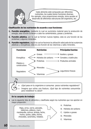 ● ¿Qué pasa en tu organismo si consumes pocos nutrientes reguladores? 
● Imagina que sufres una fractura. ¿Qué tipo de nutrientes consumirías 
para restablecer tu salud? 
60 Alimentos y dieta alimenticia 
Cada alimento está compuesto por diferentes 
nutrientes, los cuales tienen funciones diversas. 
Por ejemplo, unos proporcionan energía, otros ayudan al 
desarrollo de diferentes estructuras del organismo, etc. 
Clasificación de los nutrientes de acuerdo a sus funciones: 
1. Función energética, mediante la cual se suministra material para la producción de 
energía; esta función la llevan a cabo los carbohidratos, grasas y proteínas. 
2. Función plástica, por la cual se forman nuevos tejidos; esta es una función de las 
proteínas y algunos minerales. 
3. Función reguladora, según la cual se favorece la utilización adecuada de las sustancias 
plásticas y energéticas; esta es una función de las vitaminas y sales minerales. 
En tu carpeta de trabajo: 
◆ Lee la siguiente lista de alimentos y clasifícalos según los nutrientes que nos aportan en 
mayor proporción: 
Papa, arroz, carne, pescado, 
tallarines, plátano, maní, 
mantequilla, quinua, lenteja, leche, 
huevo, queso, palta, tocino, 
chocolate, caramelos, helados. 
A. Proteínas 
B. Hidratos de carbono 
C. Lípidos o grasas 
D. Minerales 
E. Vitaminas 
Funciones 
Energética 
Plástica o 
constructora 
Reguladora 
Nutrientes 
Grasas 
Hidratos de carbono 
Proteínas 
Minerales 
Vitaminas 
Principales fuentes 
Aceites y grasas 
Cereales y tubérculos 
Productos animales 
Legumbres frescas 
 
