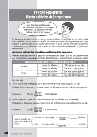 80 Alimentos y dieta alimenticia 
TERCER MOMENTO: 
Gasto calórico del organismo 
Hace dos días fui al hospital 
me pesaron y me dijeron que tengo 
sobrepeso. De acuerdo a mi talla 
debería pesar 12 kg menos. 
El sobrepeso actualmente es un grave problema. Como hemos visto si uno ingiere más 
calorías de las que necesita, las calorías sobrantes se convertirán en grasa que es lo que 
produce la gordura. Por eso, es bueno saber cuál es el gasto calórico de nuestro organismo 
y así consumir los alimentos que tengan un valor energético equivalente al gasto que 
realizaremos. 
Aprende a calcular las necesidades calóricas de tu organismo 
1. Primero necesitas conocer el gasto de tu metabolismo basal. Éste ha sido determinado 
por profesionales que estudian el tema de la nutrición y se presenta en la siguiente tabla: 
Consumo caloríco sobre el metabolismo basal diario 
Hombre 
Menor de 50 años 24 kcal por kg por día 
Mayor de 50 años 21,6 kcal por kg por día 
Mujer 
Menor de 50 años 21,6 kcal por kg por día 
Mayor de 50 años 19,2 kcal por kg por día 
Por ejemplo: 
a) ¿Cuál es el gasto metabólico basal de un hombre de 35 años que pesa 70 kg? 
En la tabla tenemos que un hombre menor de 50 años consume 24 kcal por kg por día. 
Entonces: 70 kg x 
24 kcal 
(kg)(día) 
= 1 680 kcal/día 
b) ¿Cuál es el gasto metabólico basal de una mujer de 40 años que pesa 60 kg? 
De la tabla se desprende que una mujer menor de 50 años consume 21,6 kcal por kg por día. 
Entonces: 60 kg x 
21,6 kcal 
(kg)(día) 
= 1 296 kcal/día 
Hombre: tu peso en kg x 
(kg)(día) 
= _______ kcal/día 
Mujer: tu peso en kg x 
(kg)(día) 
= ________ kcal/día 
Ahora calcula tu 
gasto metabólico 
basal. 
 