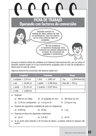 Alimentos y dieta alimenticia 83 
FICHA DE TRABAJO 
Operando con factores de conversión 
Necesito conocer la 
medida de estos retazos de tela 
en centímetros. Pero los valores 
de mi cinta métrica están en 
pulgadas. 
Aunque el sistema oficial de unidades es el Sistema Internacional (SI), aún se utiliza el 
llamado sistema inglés en el que encontramos pulgadas para el caso de longitudes o 
libras para el caso de masas. 
Algunos factores de conversión del sistema inglés son: 
Longitud Volumen Masa 
1 pulgada = 2,54 cm 1 litro = 1000 cm3 1 kg = 2,2046 libras (lb) 
1 pie = 30,48 cm 1 galón = 3,788 litros 1 libra (lb) = 454 g 
1 yarda = 91,44 cm 1 quarter = 0,947 litros 
1 milla = 1,609 km 
◆ Expresa: 
a) 400 km en millas b) 12 pulgadas en mm c) 420 litros en cm3 
d) 1,5 lb en centigramos e) 3,5 kg en lb f) 2,5 kg en mg 
◆ Expresa las siguientes unidades de peso en miligramos: 
a) 0,020 kg b) 50 dg c) 1 cg 
◆ Expresa en litros los siguientes volúmenes: 
a) 10 m3 b) 5,9 dm3 c) 20 ml 
◆ Si un avión está volando a 30 mil pies de altura, ¿cuántos metros lo separan del 
suelo? 
No hay problema, 
lo haremos enseguida. Para 
convertir los valores utilizaremos 
el factor de conversión de 
pulgadas a centímetros. 
 