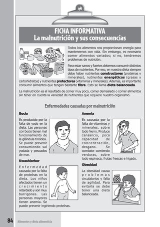 84 Alimentos y dieta alimenticia 
FICHA INFORMATIVA 
La malnutrición y sus consecuencias 
Todos los alimentos nos proporcionan energía para 
mantenernos con vida. Sin embargo, es necesario 
comer alimentos variados; si no, tendremos 
problemas de nutrición. 
Para estar sanos y fuertes debemos consumir distintos 
tipos de nutrientes. Por eso, en nuestra dieta siempre 
debe haber nutrientes constructores (proteínas y 
minerales), nutrientes energéticos (grasas y 
carbohidratos) y nutrientes protectores (vitaminas y minerales). Además, es importante 
consumir alimentos que tengan bastante fibra. Esto se llama dieta balanceada. 
La malnutrición es el resultado de comer muy poco, comer demasiado o comer alimentos 
sin tener en cuenta la variedad de nutrientes que requiere nuestro organismo. 
Enfermedades causadas por malnutrición 
Bocio 
Es producido por la 
falta de yodo en la 
dieta. Las personas 
con bocio tienen mal 
funcionamiento de 
la glándula tiroidea. 
Se puede prevenir 
consumiendo sal 
yodada y pescados 
de mar. 
Kwashiorkor 
E n f e r m e d a d 
causada por la falta 
de proteínas en la 
dieta. Los niños 
afectados tienen un 
c r e c i m i e n t o 
retardado y son muy 
barrigones. Las 
personas mayores 
tienen anemia. Se 
puede prevenir ingiriendo proteínas. 
Anemia 
Es causada por la 
falta de vitaminas y 
minerales, sobre 
todo hierro. Produce 
cansancio, poca 
capacidad de 
c o n c e n t ra c i ó n , 
desgano. Se 
combate comiendo 
verduras, sobre 
todo espinaca, frutas frescas e hígado. 
Obesidad 
La obesidad causa 
p r o b l e m a s 
circulatorios y falta 
de agilidad. Para 
evitarla se debe 
tener una dieta 
balanceada. 
 