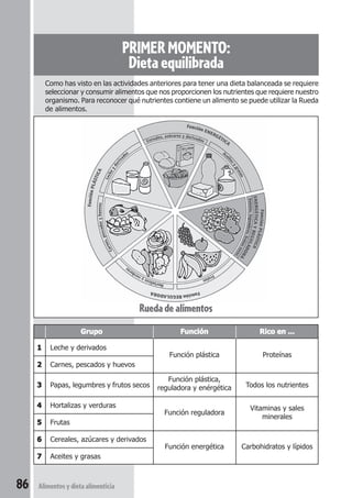 86 Alimentos y dieta alimenticia 
PRIMER MOMENTO: 
Dieta equilibrada 
Como has visto en las actividades anteriores para tener una dieta balanceada se requiere 
seleccionar y consumir alimentos que nos proporcionen los nutrientes que requiere nuestro 
organismo. Para reconocer qué nutrientes contiene un alimento se puede utilizar la Rueda 
de alimentos. 
Grupo 
1 Leche y derivados 
2 Carnes, pescados y huevos 
3 Papas, legumbres y frutos secos 
4 Hortalizas y verduras 
5 Frutas 
6 Cereales, azúcares y derivados 
7 Aceites y grasas 
Función 
Función plástica 
Función plástica, 
reguladora y enérgética 
Función reguladora 
Función energética 
Rico en ... 
Proteínas 
Todos los nutrientes 
Vitaminas y sales 
minerales 
Carbohidratos y lípidos 
Rueda de alimentos 
 