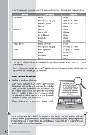 A continuación se presenta un menú que puede servirte de guía para elaborar otros. 
Comida Alimentos Ración 
Desayuno Leche 1 vaso 
Fruta (trozo o jugo) 1 unidad o 1 vaso 
Huevo o queso 1 unidad o 1 trozo 
Quinua 1 taza 
Almuerzo Granos 1 taza 
Carne roja 1 bistec 
Arroz blanco 1 taza 
Ensalada 1 taza 
Fruta 1 unidad 
Media tarde Leche o similar 1 vaso 
Fruta (trozo o jugo) 1 unidad o 1 vaso 
Cena Pollo o pescado 1/2 pollo o 1 rueda 
Pasta 3/4 de taza 
Ensalada 1 taza 
Leche 1 vaso 
Una ración alimentaria es la cantidad de ese alimento que se recomienda consumir 
diariamente. 
Para conseguir una dieta o alimentación equilibrada se debe consumir determinado número 
de raciones de cada grupo de alimentos. 
Has aprendido que la Pirámide de alimentos también es una herramienta útil para 
planificar menús que permitan una alimentación balanceada; además, que es importante 
prestar atención a la combinación de alimentos que realizamos. En el tercer momento 
estudiarás los números fraccionarios. 
92 Alimentos y dieta alimenticia 
Investiga sobre 
la dieta alimenticia 
de una persona de la 
tercera edad. Con la 
información recogida 
elabora y presenta un 
tríptico. 
En tu carpeta de trabajo: 
◆ Analiza la siguiente situación: 
Juan y Luisa trabajan en un taller de confecciones. 
Luisa tuvo que quedarse a terminar de embolsar 
unos pantalones y no quiso salir a almorzar. Sólo 
se compró una gaseosa y un paquete de galletas. 
Juan en cambio sí salió y almorzó una ensalada, 
un plato de frejoles con arroz y una limonada; 
además, le dieron una mandarina. 
¿Qué opinas de lo que almorzaron Juan y Luisa? 
 