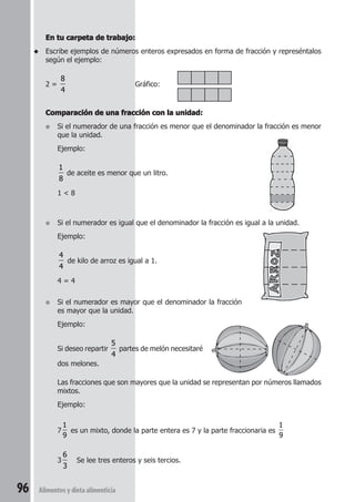 En tu carpeta de trabajo: 
◆ Escribe ejemplos de números enteros expresados en forma de fracción y represéntalos 
según el ejemplo: 
2 = 
8 
4 
96 Alimentos y dieta alimenticia 
Gráfico: 
Comparación de una fracción con la unidad: 
● Si el numerador de una fracción es menor que el denominador la fracción es menor 
que la unidad. 
Ejemplo: 
1 
8 
de aceite es menor que un litro. 
1  8 
● Si el numerador es igual que el denominador la fracción es igual a la unidad. 
Ejemplo: 
4 
4 
de kilo de arroz es igual a 1. 
4 = 4 
● Si el numerador es mayor que el denominador la fracción 
es mayor que la unidad. 
Ejemplo: 
Si deseo repartir 
5 
4 
partes de melón necesitaré 
dos melones. 
Las fracciones que son mayores que la unidad se representan por números llamados 
mixtos. 
Ejemplo: 
7 
1 
9 
es un mixto, donde la parte entera es 7 y la parte fraccionaria es 
1 
9 
3 
6 
3 
Se lee tres enteros y seis tercios. 
 