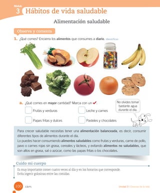 Módulo
Hábitos de vida saludable
3
Observa y comenta
Para	crecer	saludable	necesitas	tener	una	alimentación balanceada,	es	decir,	consumir	
diferentes	tipos	de	alimentos	durante	el	día.
Lo	puedes	hacer	consumiendo	alimentos saludables	como	frutas	y	verduras,	carne	de	pollo,	
pavo	o	carnes	rojas	sin	grasa,	cereales	y	lácteos,	y	evitando	alimentos no saludables,	que	
son	altos	en	grasa,	sal	o	azúcar,	como	las	papas	fritas	o	los	chocolates.
1.	 ¿Qué	comes?	Encierra	los	alimentos	que	consumes	a	diario.	Identificar
a.	 ¿Qué	comes	en	mayor	cantidad?	Marca	con	un	 .
	Frutas	y	verduras																						 	Leche	y	carnes
	Papas	fritas	y	dulces																	 	Pasteles	y	chocolates
Alimentación saludable
Es muy importante comer cuatro veces al día y en los horarios que corresponde.
Evita ingerir golosinas entre las comidas.
Cuido mi cuerpo
No	olvides	tomar
bastante	agua
durante	el	día.
100 Unidad 3 / Ciencias de la vida
_cien
 