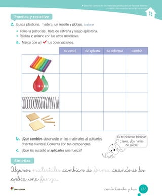 Describir cambios en los materiales producidos por factores externos
y diseñar instrumentos tecnológicos simples
Practica y resuelve
2.	 Busca	plasticina,	madera,	un	resorte	y	globos.	Explorar
•	 Toma	la	plasticina.	Trata	de	estirarla	y	luego	aplastarla.
•	 Realiza	lo	mismo	con	los	otros	materiales.
a.	 Marca	con	un	 	tus	observaciones.
Se estiró Se aplastó Se deformó Cambió
	
b.	 ¿Qué	cambios	observaste	en	los	materiales	al	aplicarles	
distintas	fuerzas?	Comenta	con	tus	compañeros.
c.	 ¿Qué	les	sucedió	al	aplicarles	una	fuerza?
Sintetiza
Algunos materiales _cambian _de _forma _cuando se _les
_aplica _una _fuerza.
Si	te	pidieran	fabricar
clavos,	¿los	harías
de	greda?
133
_ciento _treinta y _tres
 