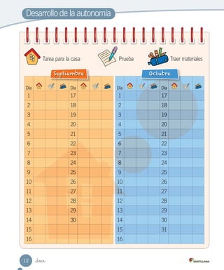 Desarrollo de la autonomía
12 _doce
Día Día
1 17
2 18
3 19
4 20
5 21
6 22
7 23
8 24
9 25
10 26
11 27
12 28
13 29
14 30
15
16
Día Día
1 17
2 18
3 19
4 20
5 21
6 22
7 23
8 24
9 25
10 26
11 27
12 28
13 29
14 30
15 31
16
Octubre
22
23
24
25
10
27
29
30
11
Día
17
18
19
20
21
6
7
8
Septiembre
Prueba Traer materiales
Tarea para la casa
 
