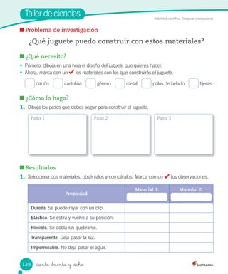 Taller	de	ciencias
¿Qué necesito?
•	 Primero,	dibuja	en	una	hoja	el	diseño	del	juguete	que	quieres	hacer.
•	 Ahora,	marca	con	un	 	los	materiales	con	los	que	construirás	el	juguete.
	cartón			 	cartulina			 	género			 	metal			 	palos	de	helado			 	tijeras
Habilidad científica: Comparar observaciones
Problema de investigación
¿Qué juguete puedo construir con estos materiales?
¿Cómo lo hago?
1.	 Dibuja	los	pasos	que	debes	seguir	para	construir	el	juguete.
Resultados
1.	 Selecciona	dos	materiales,	obsérvalos	y	compáralos.	Marca	con	un	 	tus	observaciones.
Propiedad
Material 1: Material 2:
Dureza.	Se	puede	rayar	con	un	clip.
Elástico.	Se	estira	y	vuelve	a	su	posición.
Flexible.	Se	dobla	sin	quebrarse.
Transparente.	Deja	pasar	la	luz.
Impermeable.	No	deja	pasar	el	agua.
Paso 1 Paso 2 Paso 3
138 _ciento _treinta y _ocho
 