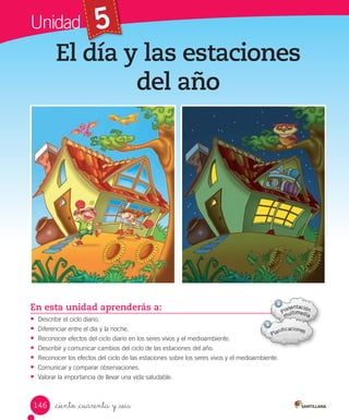 Unidad 5
En esta unidad aprenderás a:
• Describir	el	ciclo	diario.
• Diferenciar	entre	el	día	y	la	noche.
• Reconocer	efectos	del	ciclo	diario	en	los	seres	vivos	y	el	medioambiente.
• Describir	y	comunicar	cambios	del	ciclo	de	las	estaciones	del	año.
• Reconocer	los	efectos	del	ciclo	de	las	estaciones	sobre	los	seres	vivos	y	el	medioambiente.
• Comunicar	y	comparar	observaciones.
• Valorar	la	importancia	de	llevar	una	vida	saludable.
El día y las estaciones
del año
_ciento _cuarenta y _seis
146
 