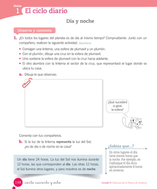 El ciclo diario
Módulo
1
Observa y comenta
Un	día	tiene	24	horas.	La	luz	del	Sol	nos	ilumina	durante	
12	horas,	las	que	corresponden	al	día.	Las	otras	12	horas,	
el	Sol	ilumina	otros	lugares,	y	para	nosotros	es	de	noche.
1.	 ¿En	todos	los	lugares	del	planeta	es	de	día	al	mismo	tiempo?	Compruébenlo.	Junto	con	un	
compañero,	realicen	la	siguiente	actividad.	Identificar
•	 Consigan	una	linterna,	una	esfera	de	plumavit	y	un	plumón.	
•	 Con	el	plumón,	dibuja	una	cruz	en	la	esfera	de	plumavit.
•	 Uno	sostiene	la	esfera	de	plumavit	con	la	cruz	hacia	adelante.	
•	 El	otro	alumbra	con	la	linterna	el	sector	de	la	cruz,	que	representará	el	lugar	donde	se	
ubica	tu	casa.	
a.	 Dibuja	lo	que	observas.
Comenta	con	tus	compañeros.
b.	 Si	la	luz	de	la	linterna	representa	la	luz	del	Sol,	
¿es	de	día	o	de	noche	en	la	casa?
Día y noche
En otros lugares el día
tiene menos horas que
la noche. Por ejemplo, en
Coyhaique el día dura
aproximadamente 8 horas
en invierno.
¿Sabías que...?
¿Qué	sucederá
si	giras
la	esfera?
148 Unidad 5 / Ciencias de la Tierra y el Universo
_ciento _cuarenta y _ocho
 
