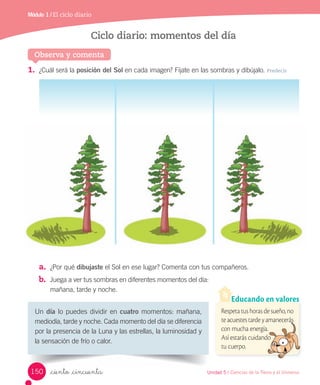 Módulo 1 / El ciclo diario
Observa y comenta
Ciclo diario: momentos del día
1.	 ¿Cuál	será	la	posición del Sol	en	cada	imagen?	Fíjate	en	las	sombras	y	dibújalo.	Predecir
a.	 ¿Por	qué	dibujaste	el	Sol	en	ese	lugar?	Comenta	con	tus	compañeros.
b.	 Juega	a	ver	tus	sombras	en	diferentes	momentos	del	día:	
mañana,	tarde	y	noche.
Un	día	lo	puedes	dividir	en	cuatro	momentos:	mañana,	
mediodía,	tarde	y	noche.	Cada	momento	del	día	se	diferencia	
por	la	presencia	de	la	Luna	y	las	estrellas,	la	luminosidad	y	
la	sensación	de	frío	o	calor.
Respetatushorasdesueño,no
teacuestestardeyamanecerás
con mucha energía.
Así estarás cuidando
tu cuerpo.
Educando en valores
teacuestestardeyamanecerás
con mucha energía.
Así estarás cuidando
150 Unidad 5 / Ciencias de la Tierra y el Universo
_ciento _cincuenta
 