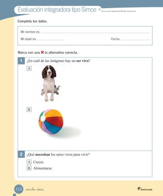 Mi nombre es:
Mi edad es: Fecha:
Completa tus datos.
Evaluación integradora tipo Simce
Evaluación integradora tipo Simce
Mi nombre es:
Mi edad es: Fecha:
Completa tus datos.
1	 ¿En cuál de las imágenes hay un ser vivo?
A
B
2	 ¿Qué necesitan los seres vivos para vivir?
A Crecer.
B Alimentarse.
MR
Simce es marca registrada del Ministerio de Educación.
Marca con una la alternativa correcta.
_ciento _doce
112
 