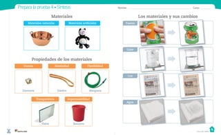 Prepara la prueba 4 • Síntesis
Los materiales y sus cambios
Materiales
Propiedades de los materiales
Nombre: Curso:
Casa del Saber
Dureza Elasticidad Flexibilidad
Transparencia Impermeabilidad
Materiales naturales Materiales artificiales Fuerza
Calor
Luz
Agua
Diamante Elástico
Vidrio
Manguera
Basurero
 