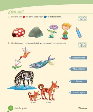 ¿Cómo	vas?
1.	 Encierra	con								los	seres vivos	y	con								la	materia inerte.
2.	 Une	la	imagen	con	la	característica	o	necesidad	que	corresponda.
Reproducirse
Alimentarse
Crecer
Tomar agua
1	año 3	años
36 _treinta y _seis
 